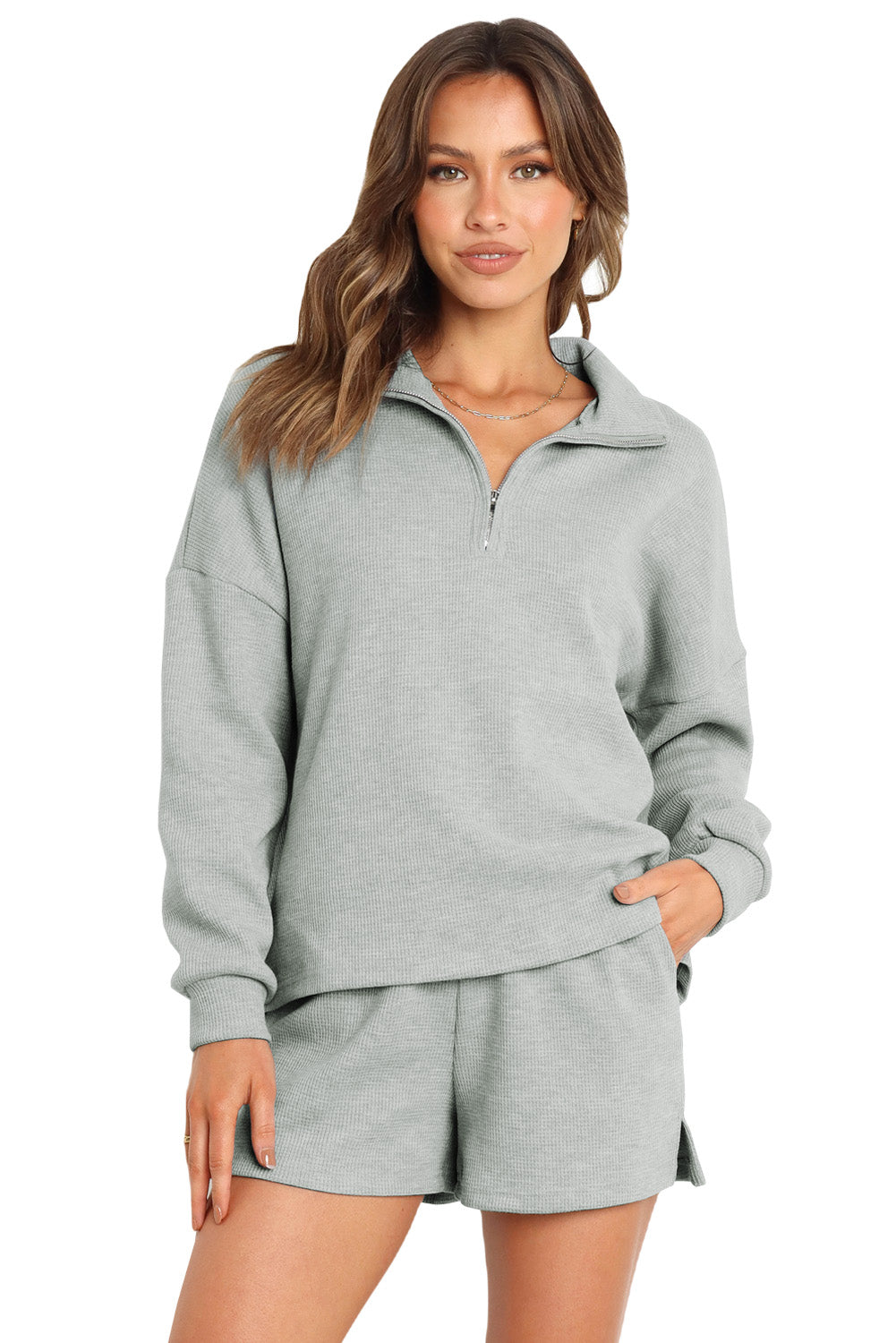 Black Ribbed Zipper Sweatshirt & High Waist Shorts Set