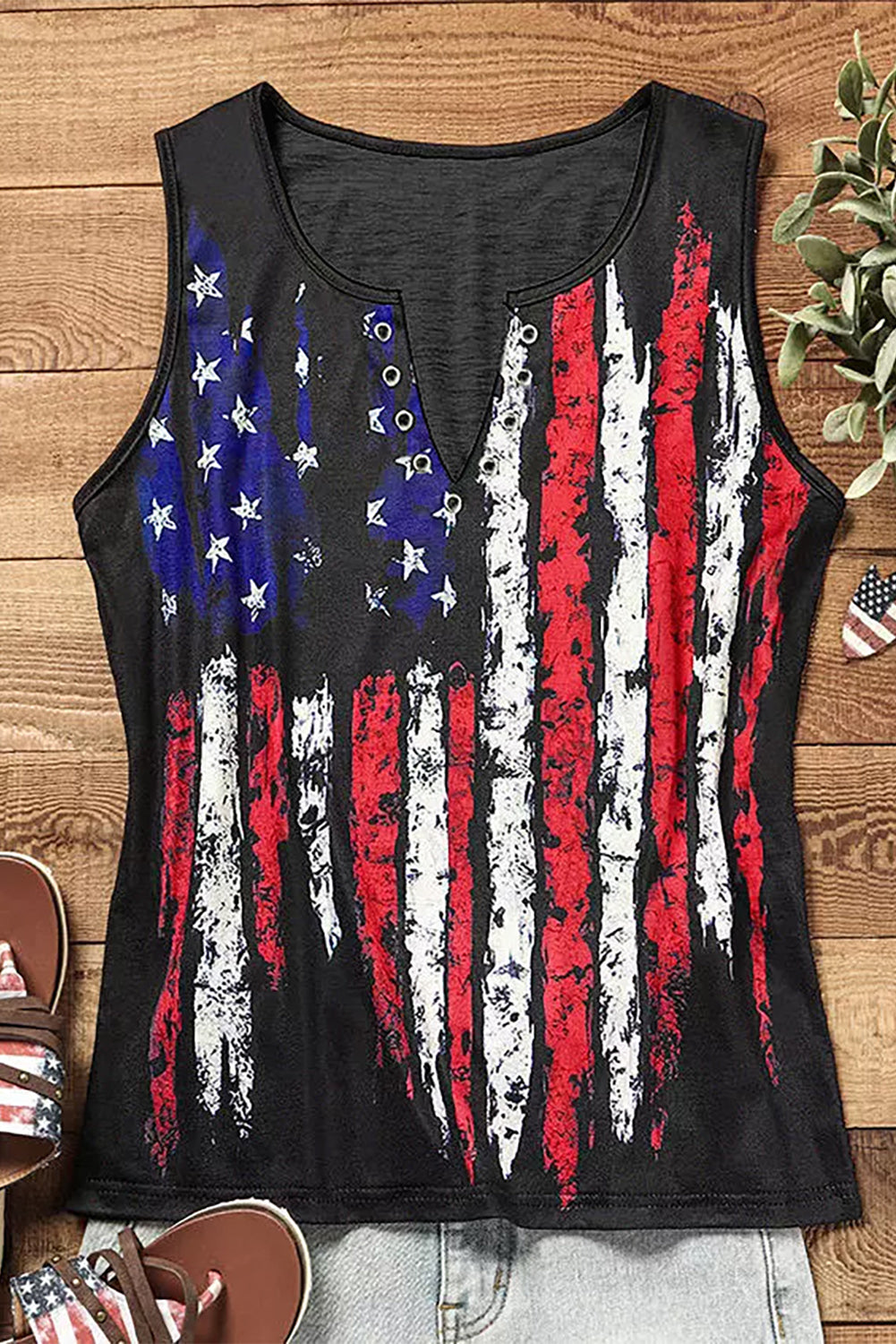 Black American Flag Printed Notched V Neck Tank Top