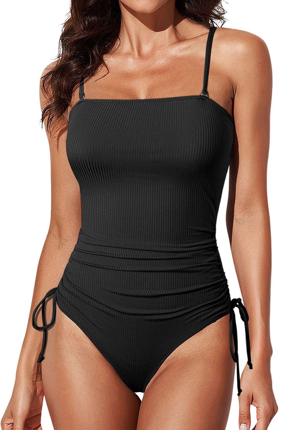 Black Side Drawstring Cutout Ribbed One Piece Swimsuit