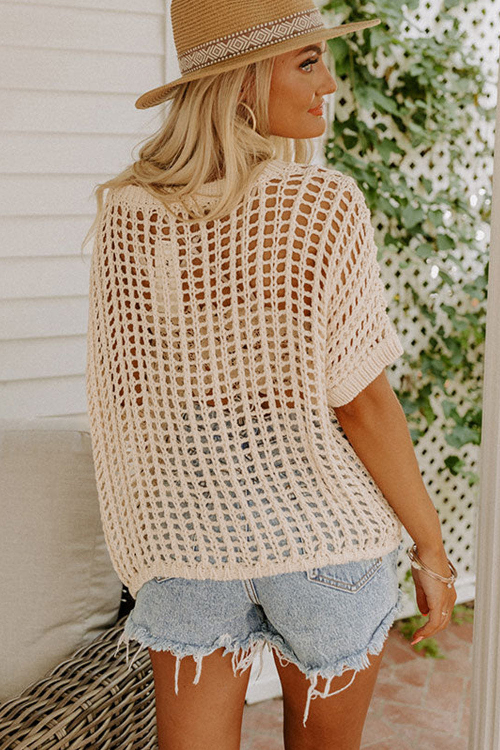 White Fishnet Knit Ribbed Round Neck Short Sleeve Tee