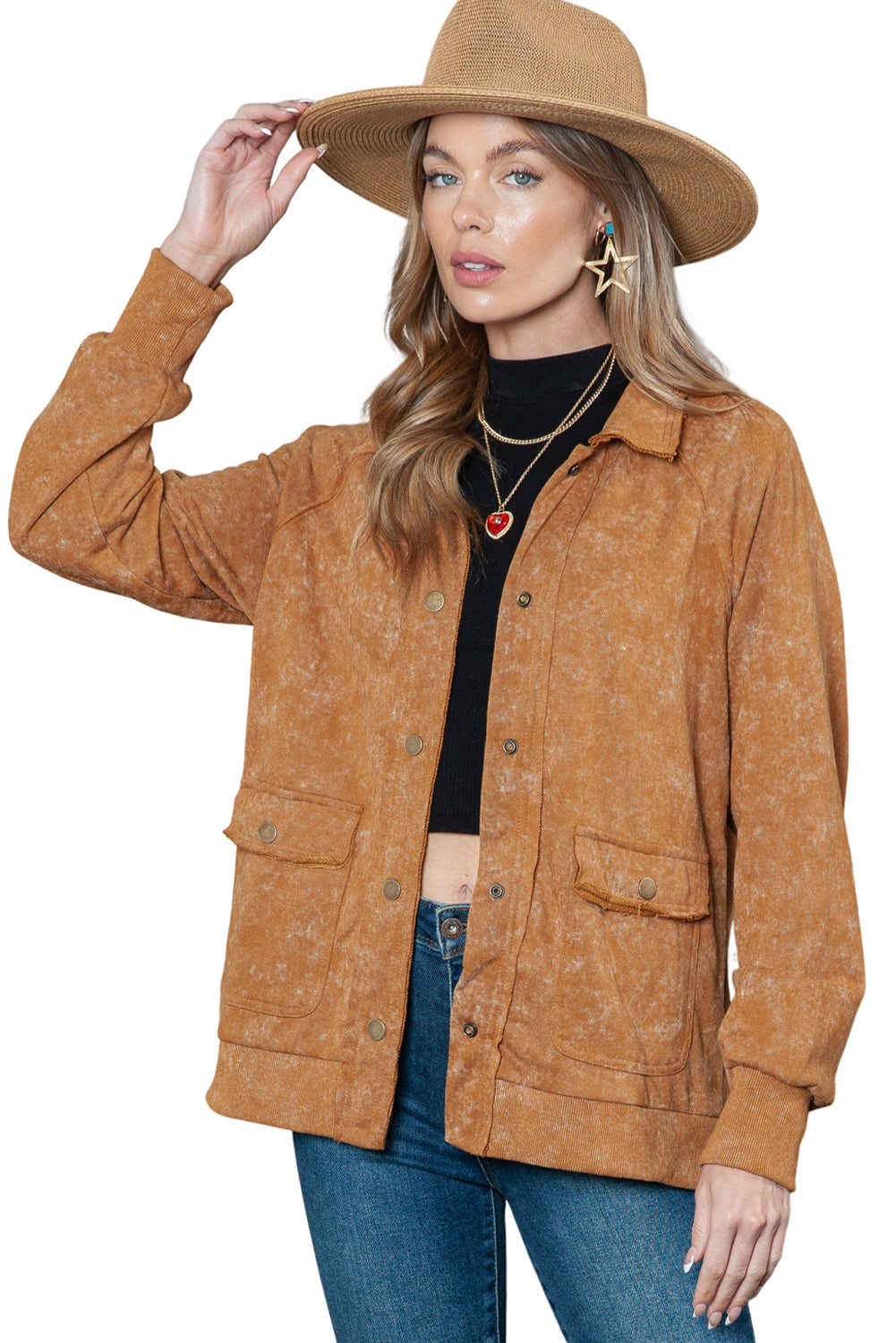 Khaki Snap Button Casual Jacket with Flap Pockets