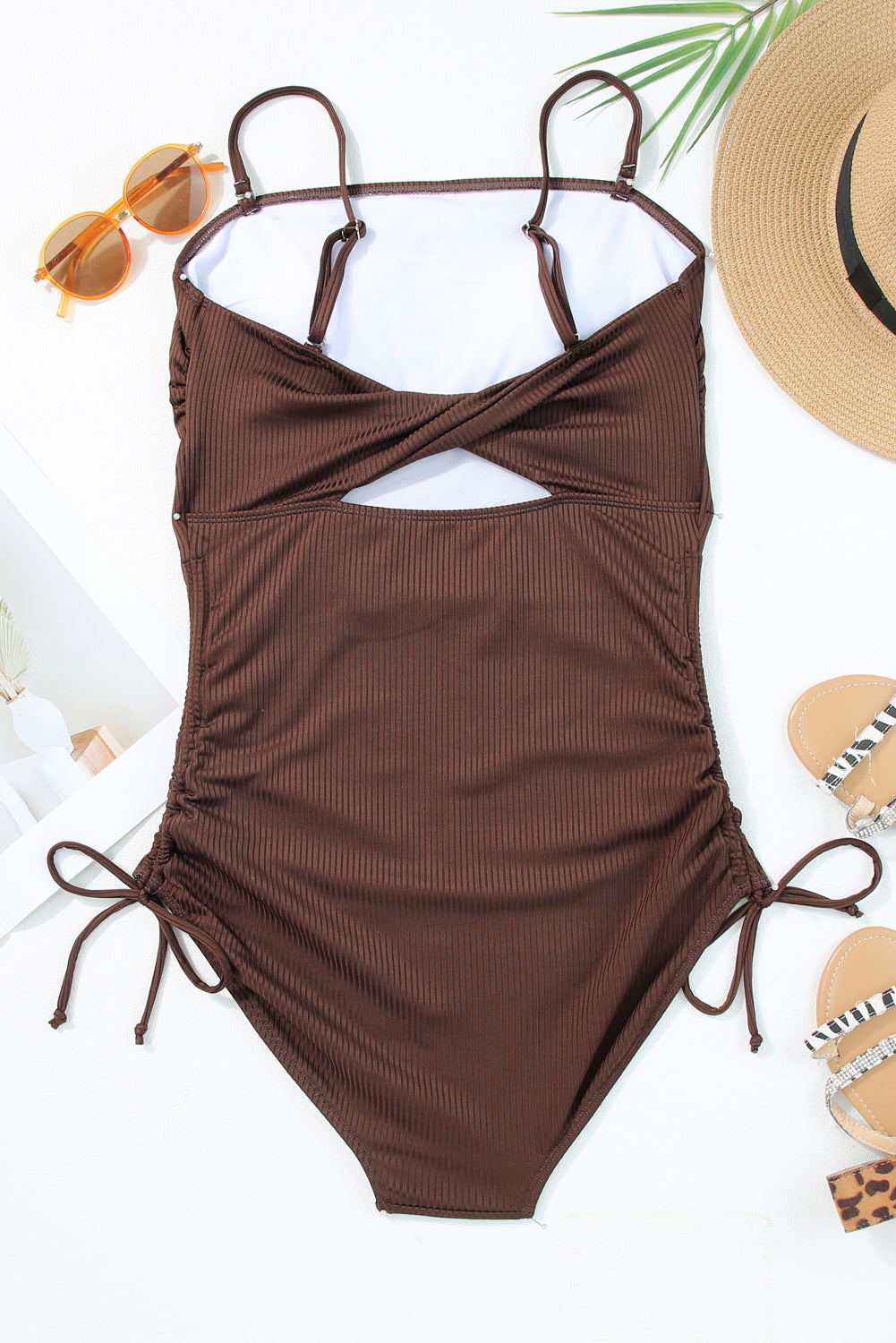 Black Side Drawstring Cutout Ribbed One Piece Swimsuit
