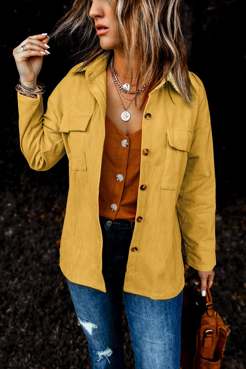 Beige Button Up Patch Pocket Corduroy Shacket