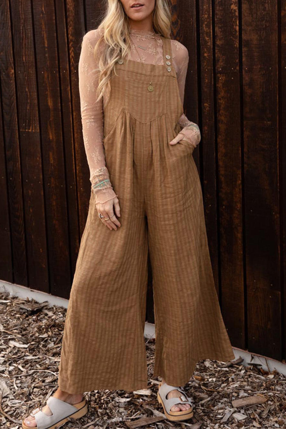 Coffee Striped Pleated Pockets Wide Leg Jumpsuit