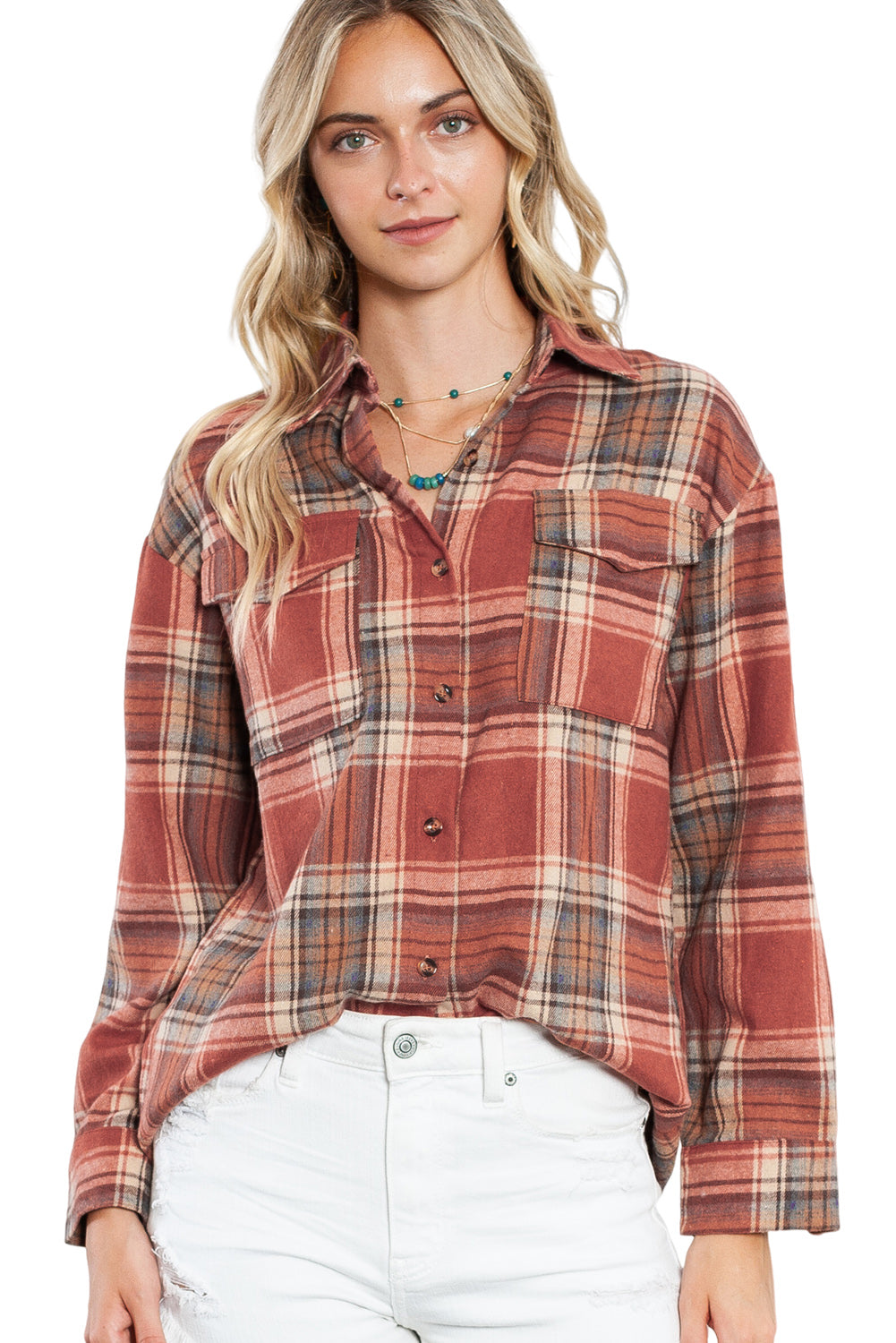 Red Plaid Colorblock Button Up Shacket