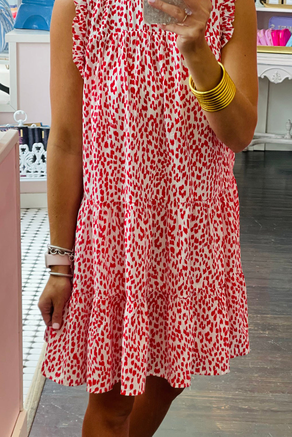 Leopard Frilled Neck Shift Sleeveless Short Dress