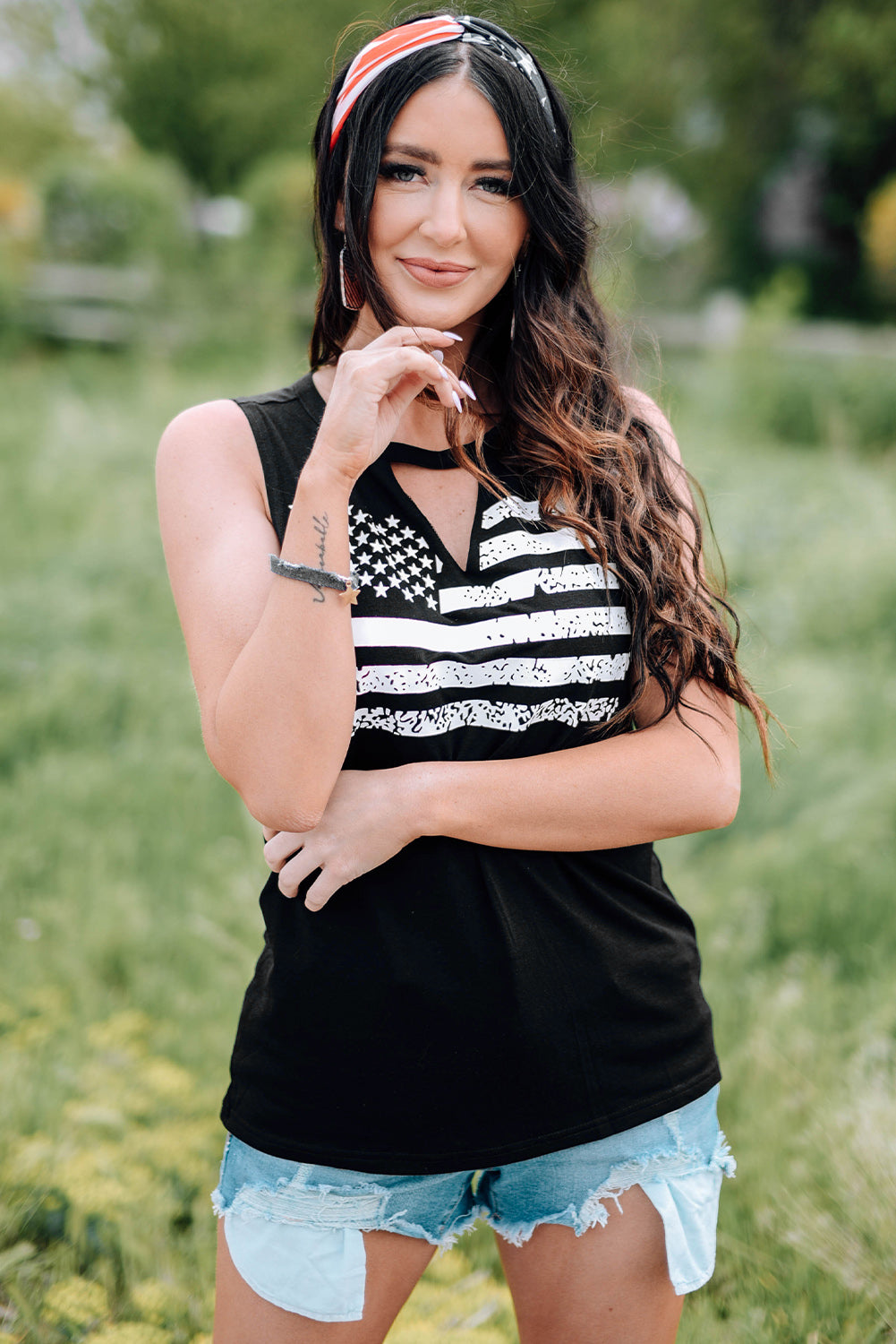 Green Casual Keyhole Neck Flag Print Tank Top