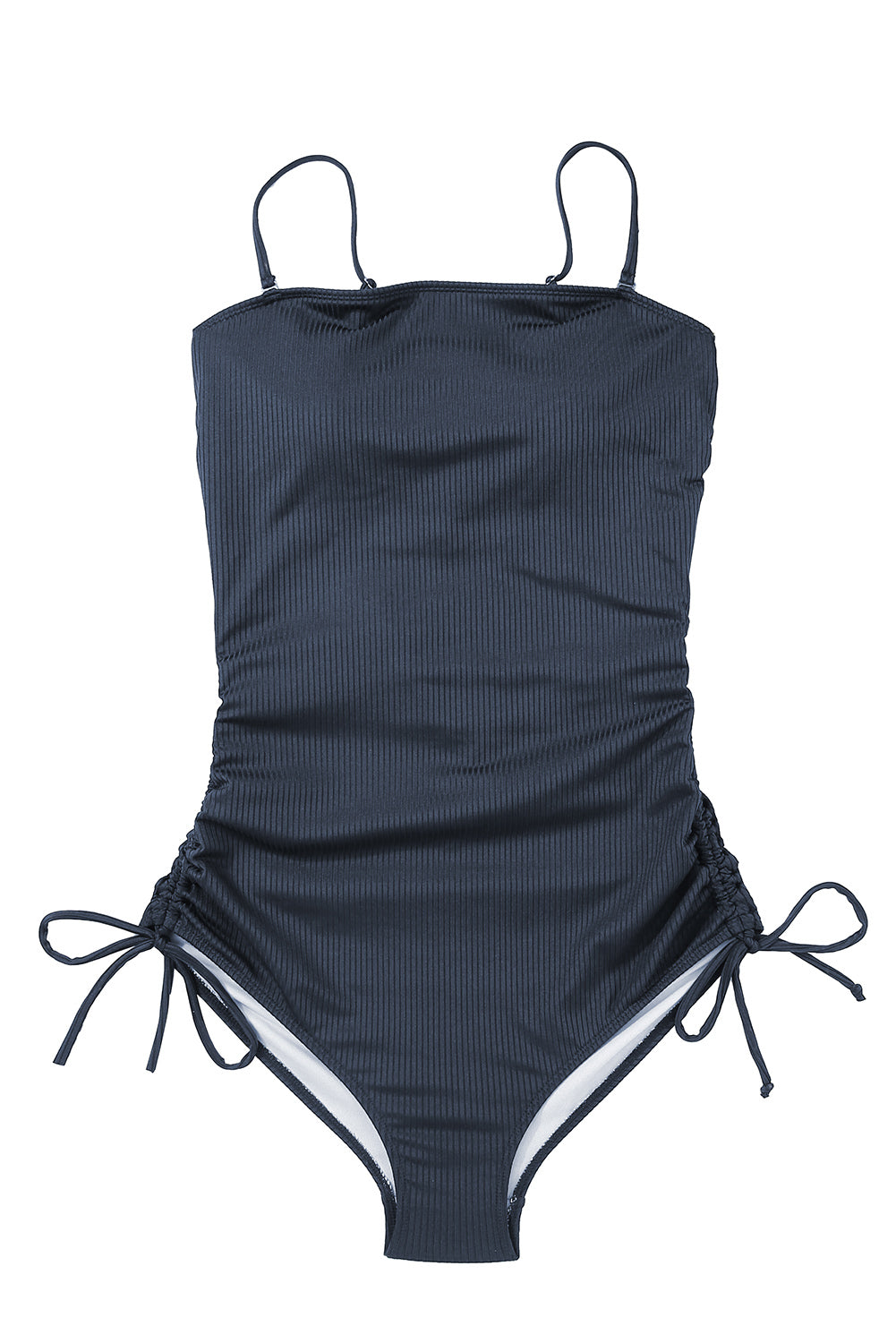 Black Side Drawstring Cutout Ribbed One Piece Swimsuit