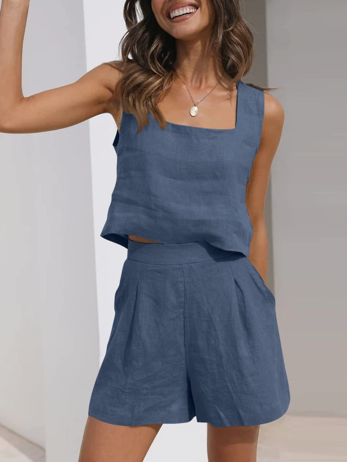 Square Neck Wide Strap Top and Shorts Set
