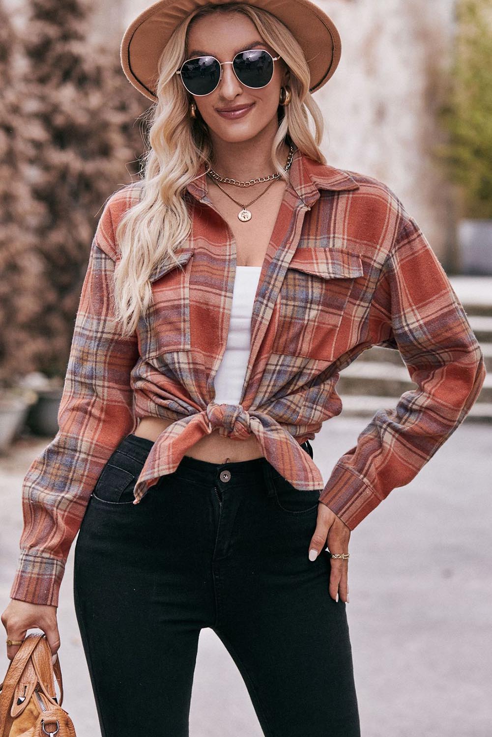 Red Plaid Colorblock Button Up Shacket
