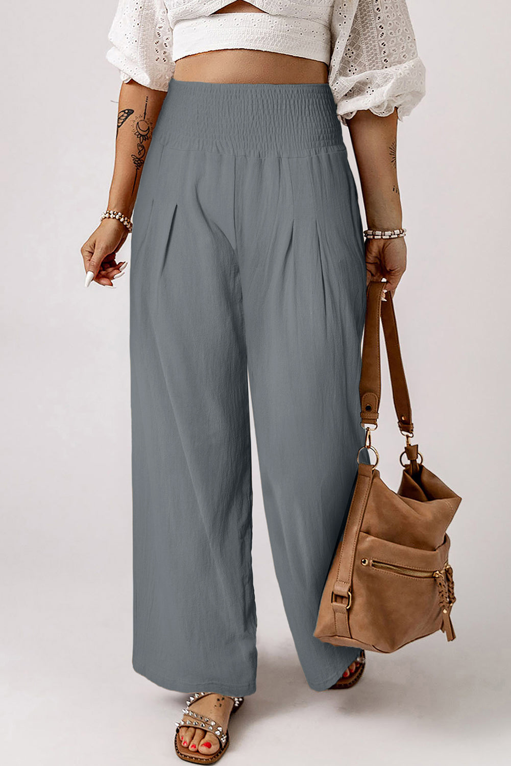 Blue Smocked Wide Waistband High Waist Wide Leg Pants