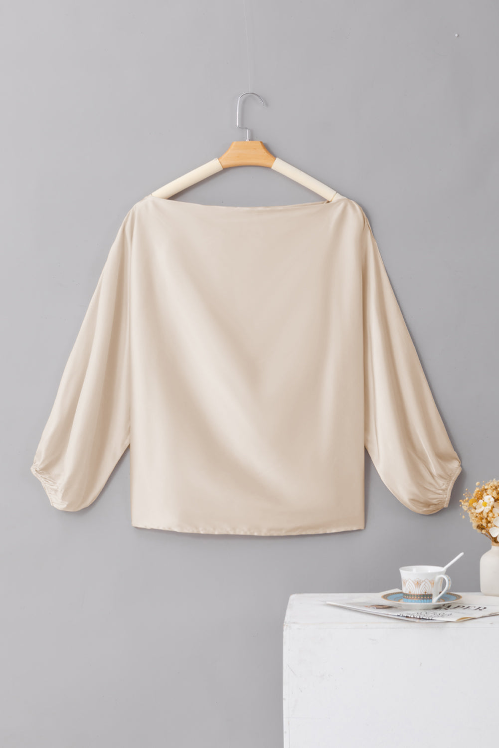 Bright Pink Solid Color Asymmetrical Neck Lantern Sleeve Blouse