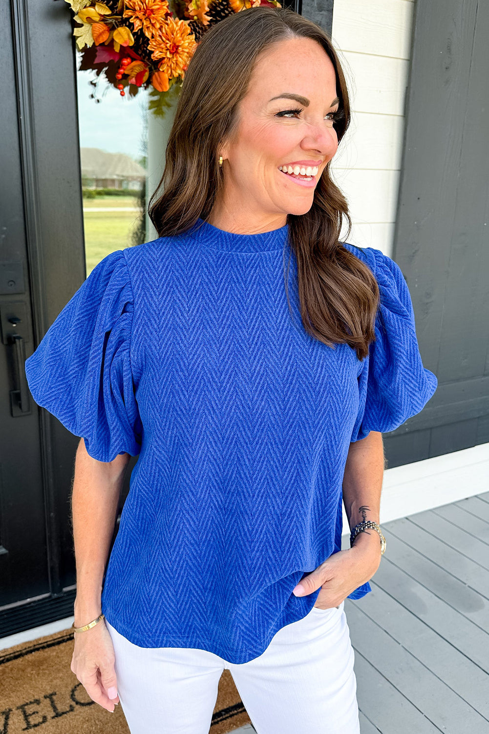 Black Solid Textured Puff Sleeve Mock Neck Blouse