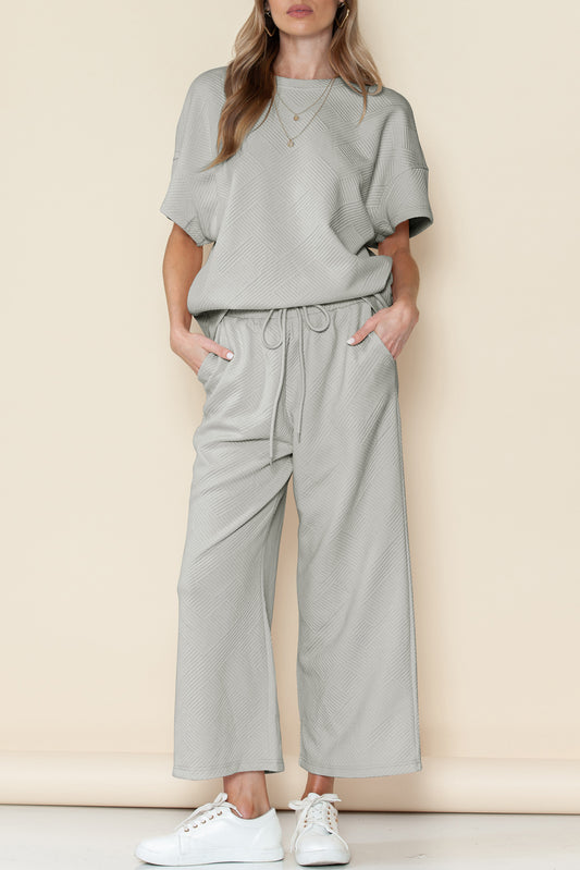 Navy Blue Textured Loose Fit T Shirt and Drawstring Pants Set