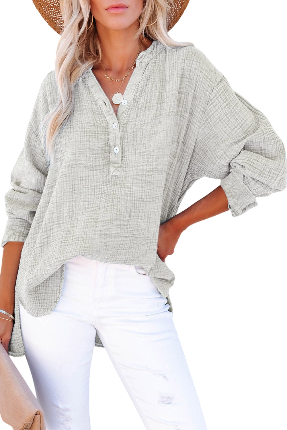 Pink Loose Crinkle Button V Neck Henley Top