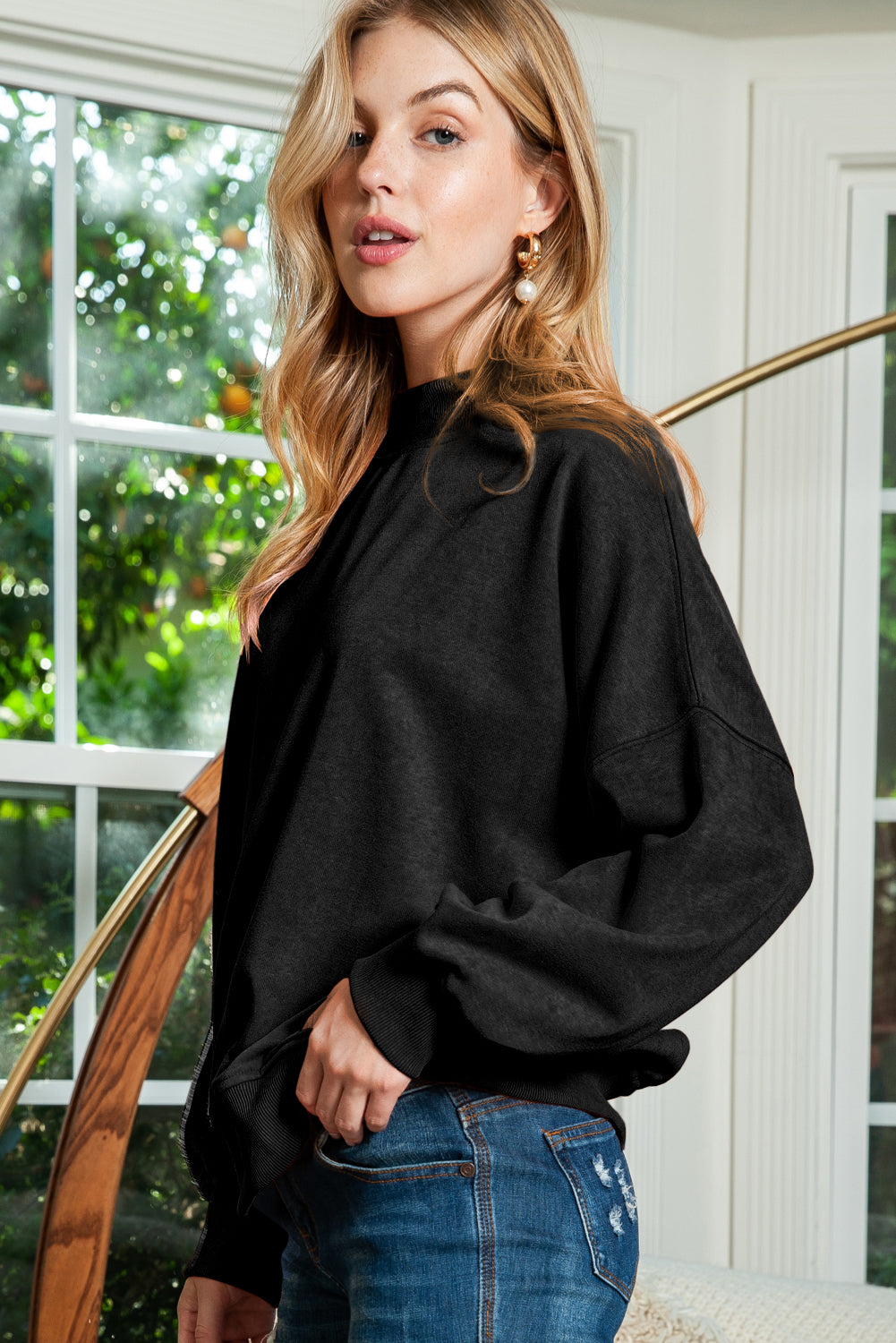 Sky Blue Plain Drop Shoulder Crew Neck Pullover Sweatshirt
