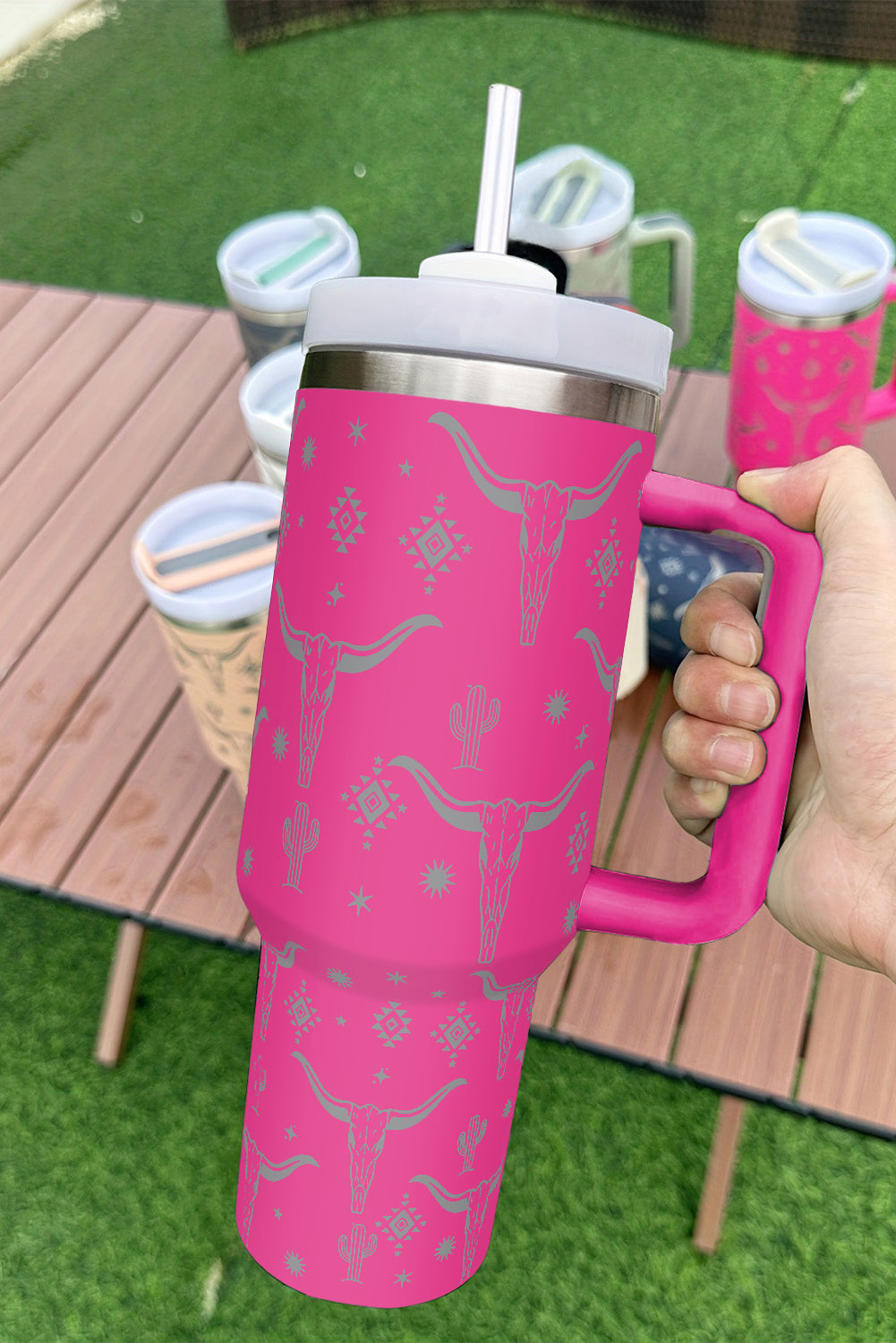 White Animal Horn Printed Stainless Tumbler With Lid And Straw