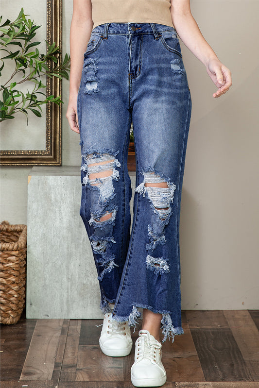 Blue Heavy Destroyed Raw Hem Wide Leg Jeans