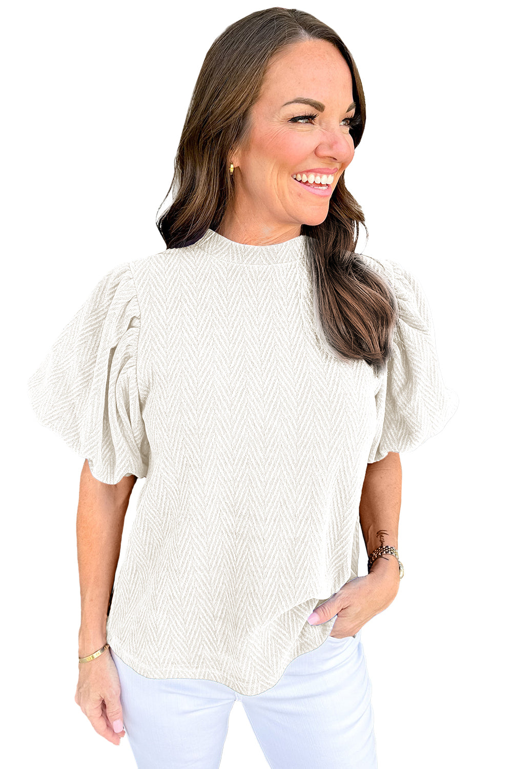 Black Solid Textured Puff Sleeve Mock Neck Blouse