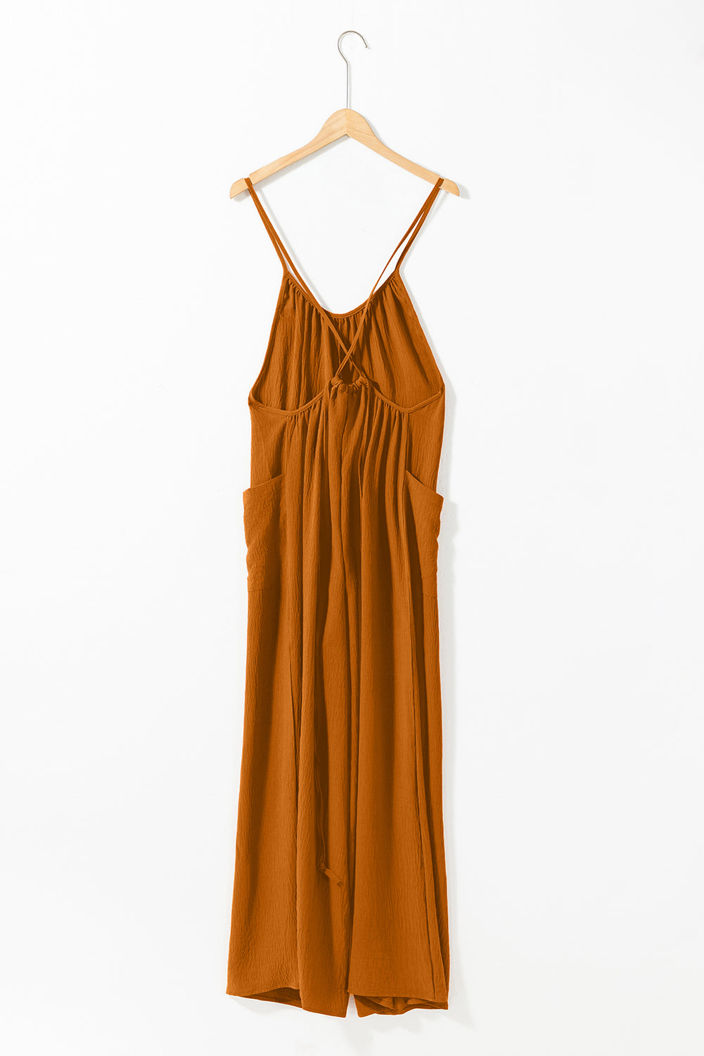 Chestnut Spaghetti Straps Waist Tie Pocketed Wide Leg Jumpsuit