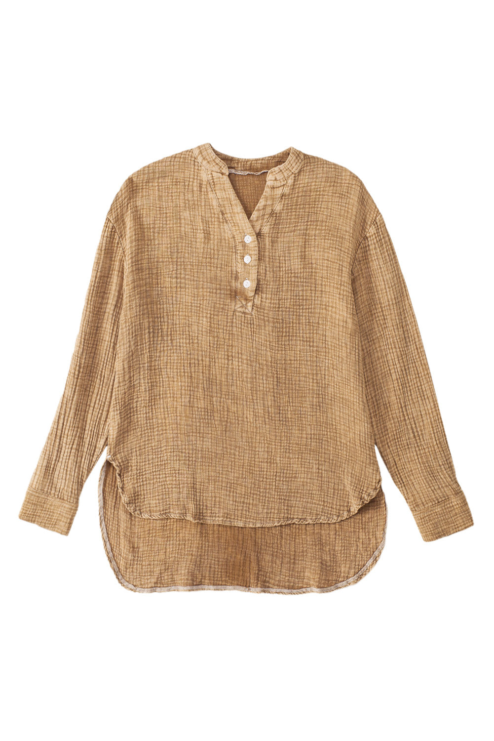 Pink Loose Crinkle Button V Neck Henley Top