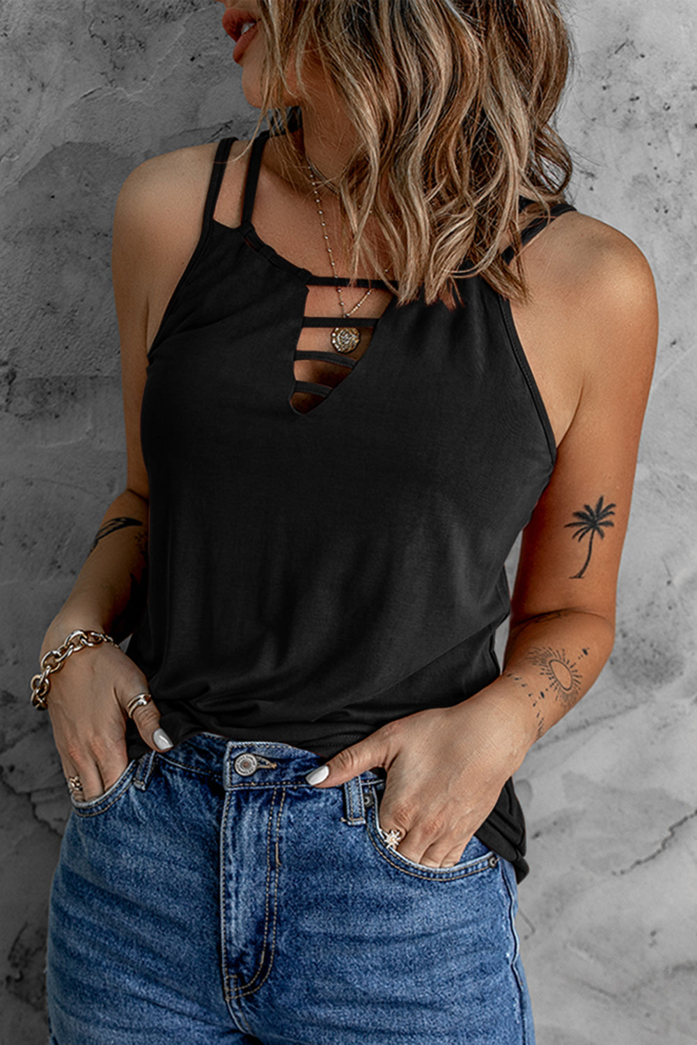 Black Basic Ladder Hollow-out Cami Top
