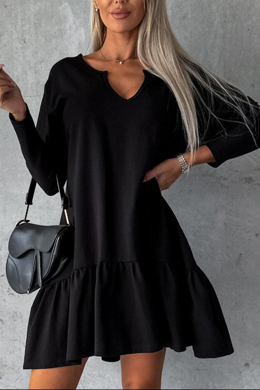 Black Split Neck Long Sleeve Ruffled Loose Dress