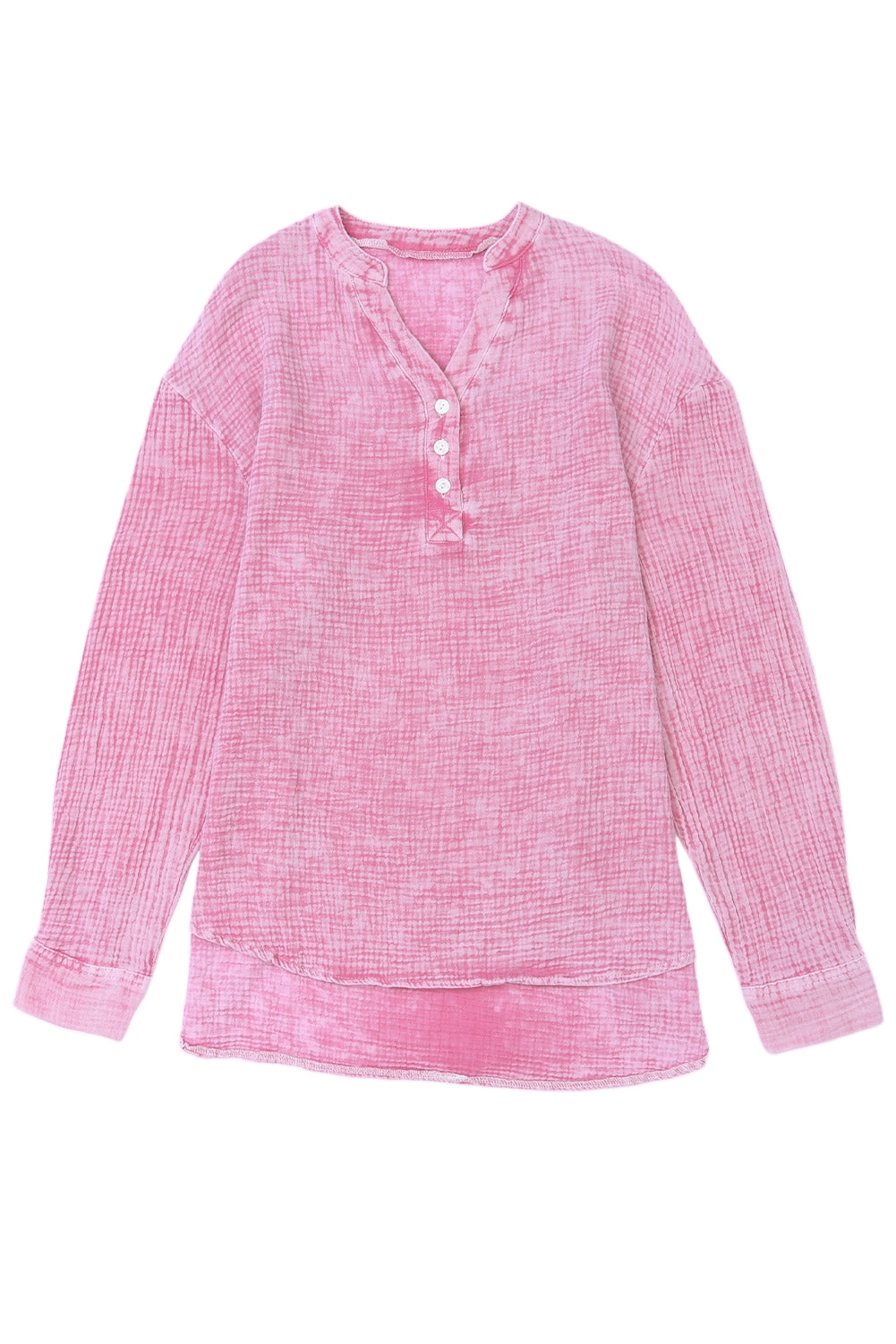 Pink Loose Crinkle Button V Neck Henley Top