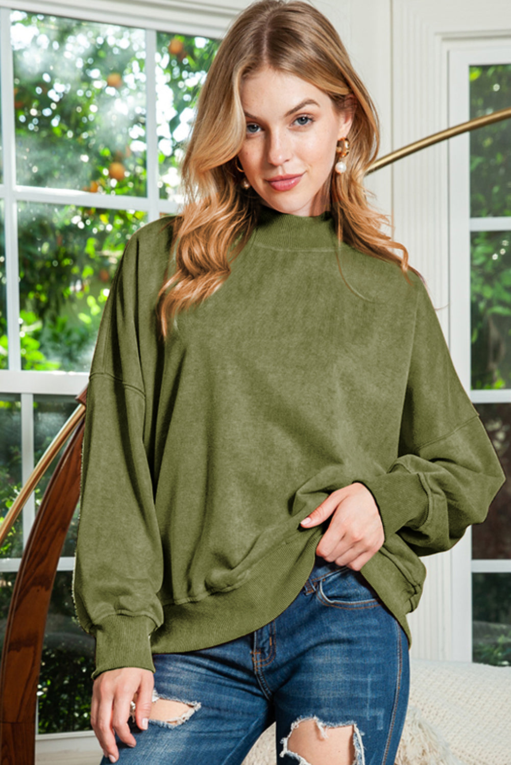 Sky Blue Plain Drop Shoulder Crew Neck Pullover Sweatshirt