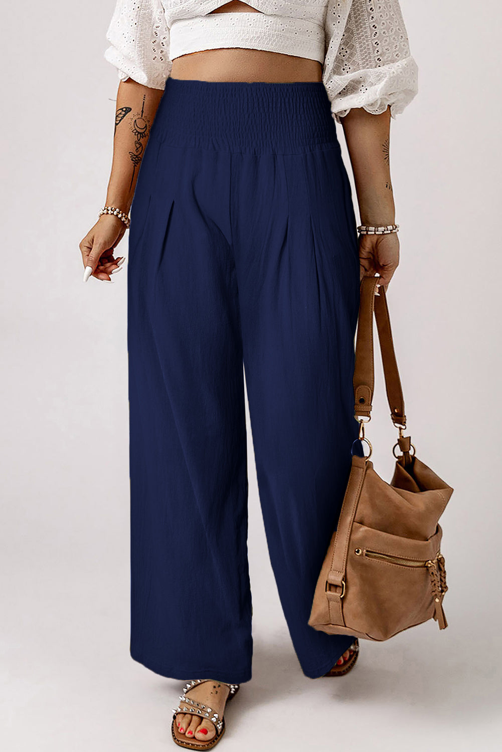 Blue Smocked Wide Waistband High Waist Wide Leg Pants