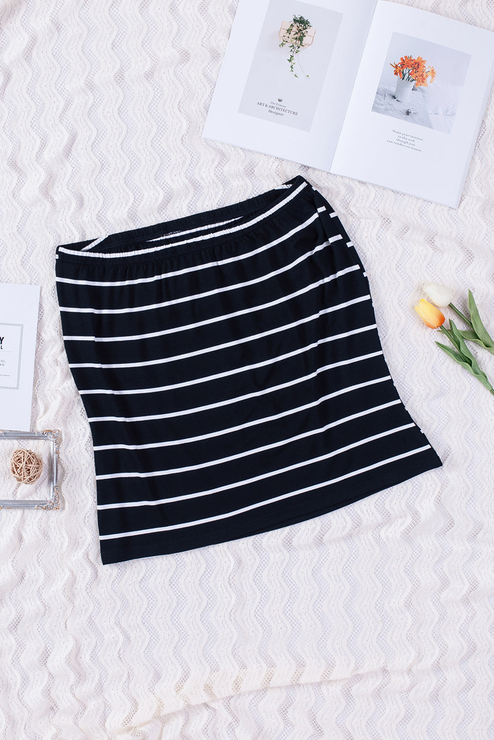 Black Casual Striped Strapless Bandeau Summer Top