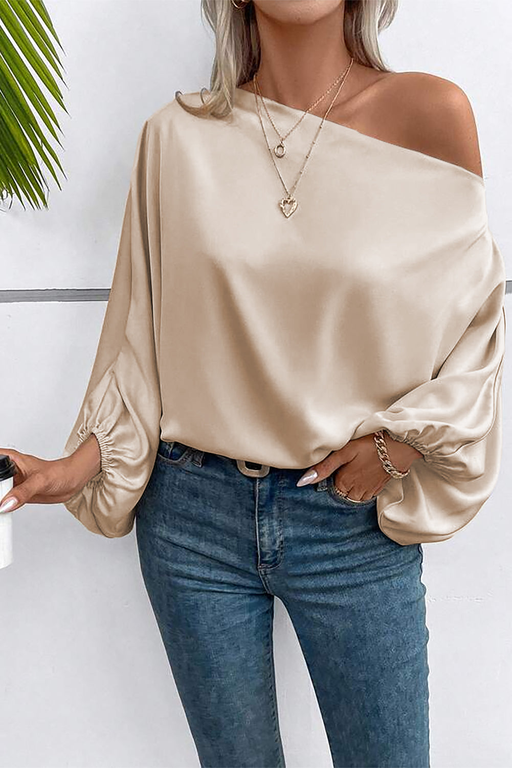 Bright Pink Solid Color Asymmetrical Neck Lantern Sleeve Blouse