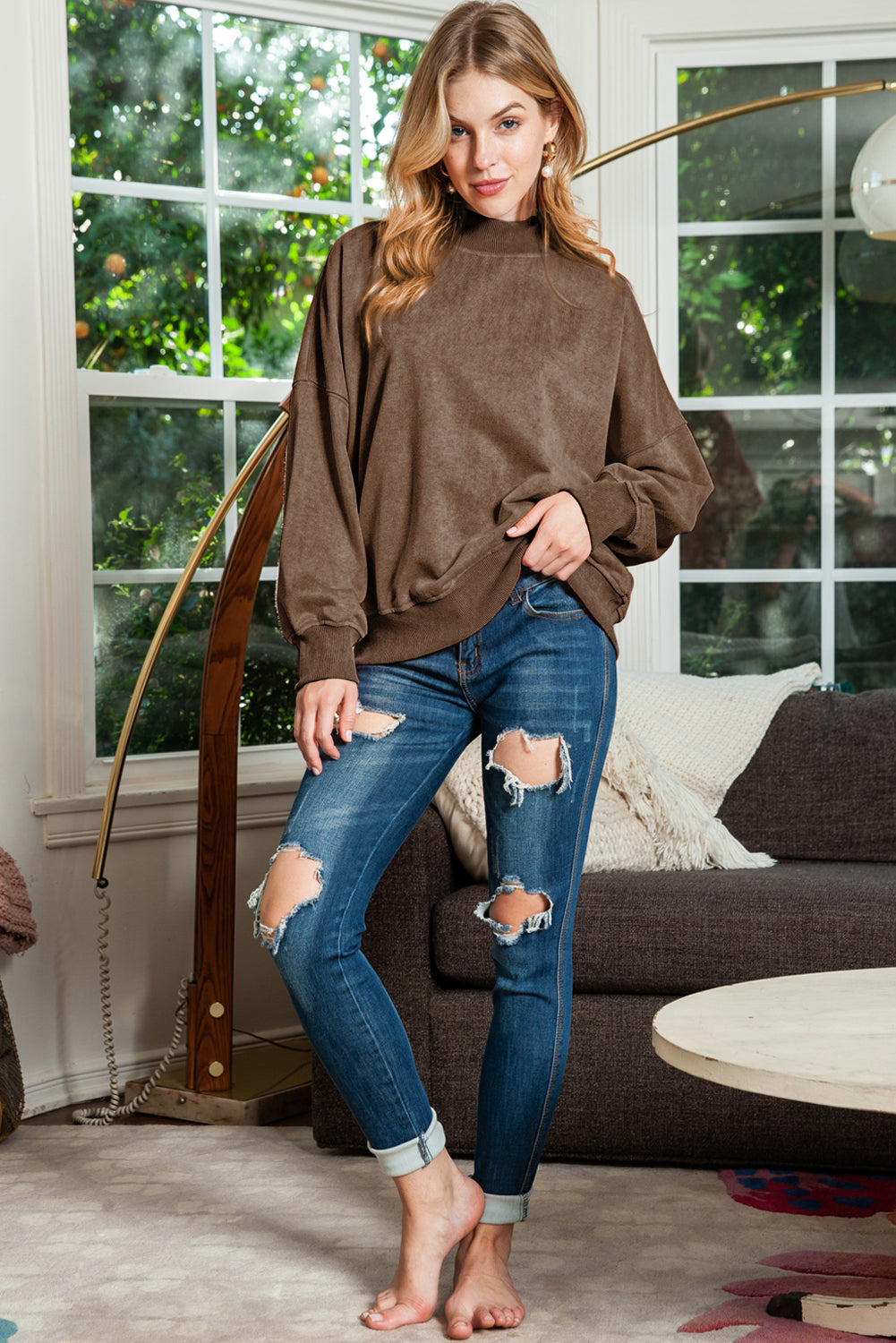 Sky Blue Plain Drop Shoulder Crew Neck Pullover Sweatshirt