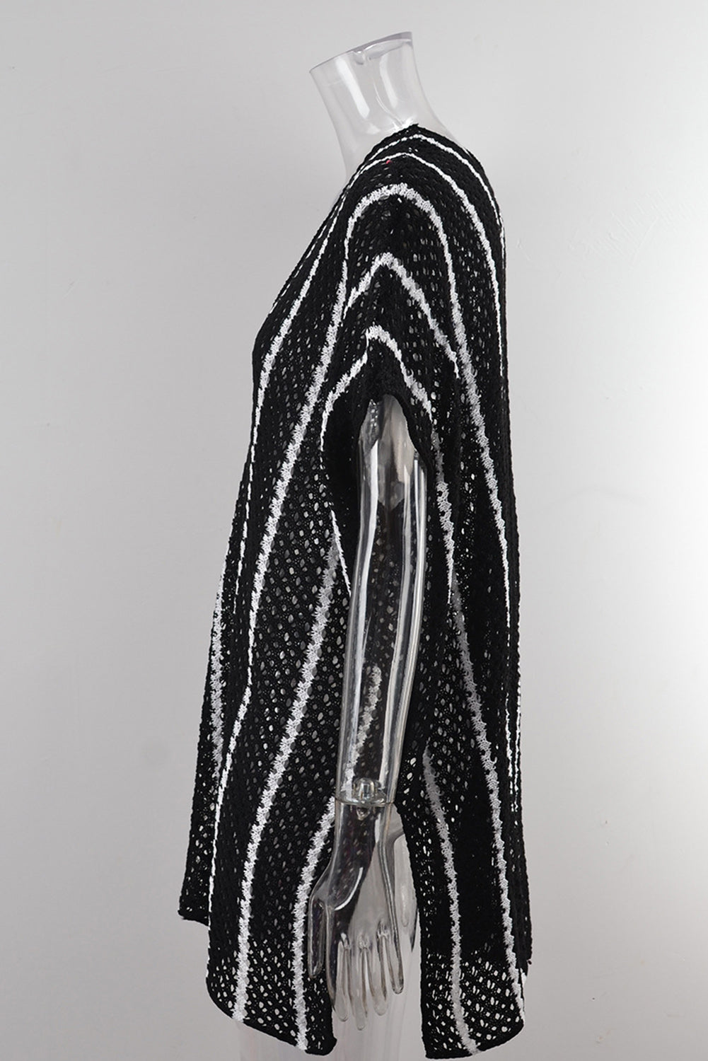 Black Striped Crochet Loose Fit V Neck Beach Cover Up