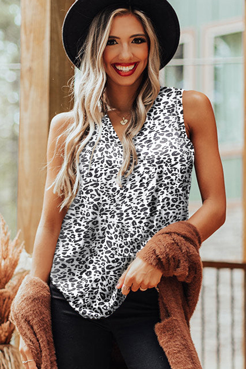 White Cheetah V Neck Casual Tank Top