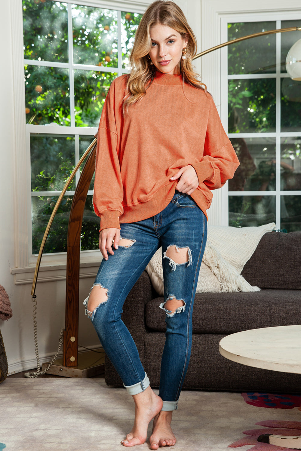 Sky Blue Plain Drop Shoulder Crew Neck Pullover Sweatshirt