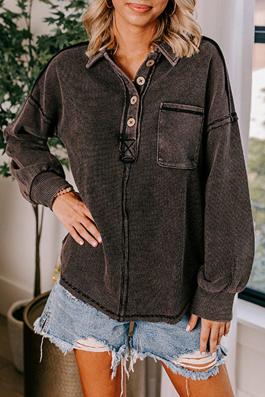 Black Waffle Exposed Seam Washed Henley Sweatshirt