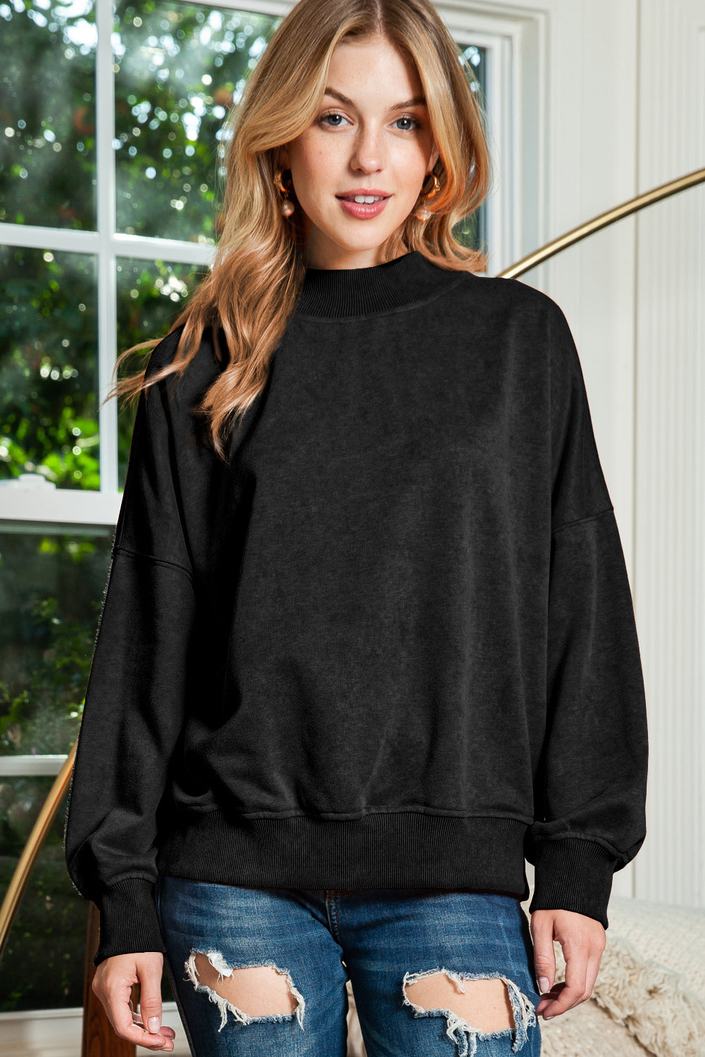 Sky Blue Plain Drop Shoulder Crew Neck Pullover Sweatshirt