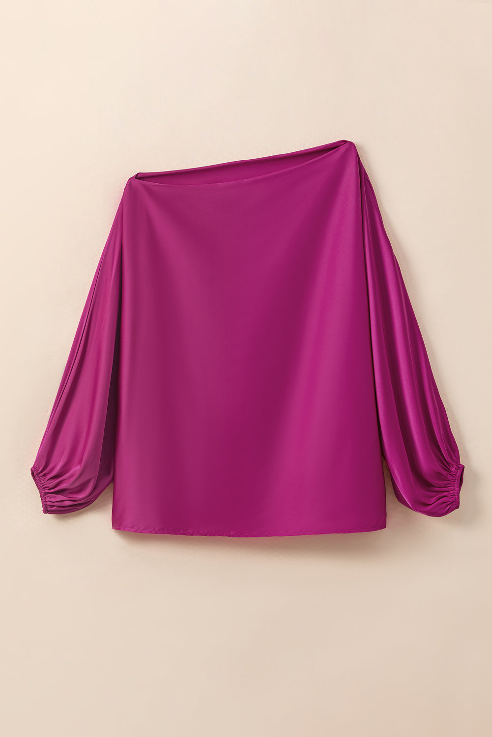 Bright Pink Solid Color Asymmetrical Neck Lantern Sleeve Blouse