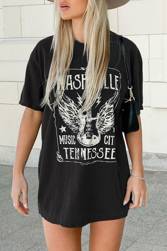 Black Band Tee Guitar Print Oversized T Shirt