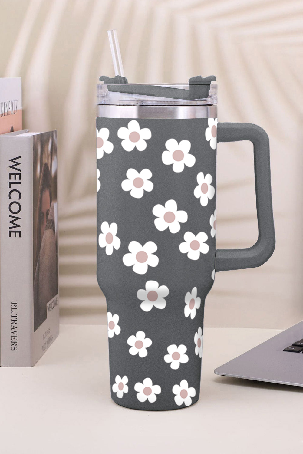 Dark Grey Floret Print Stainless Tumbler With Lid And Straw