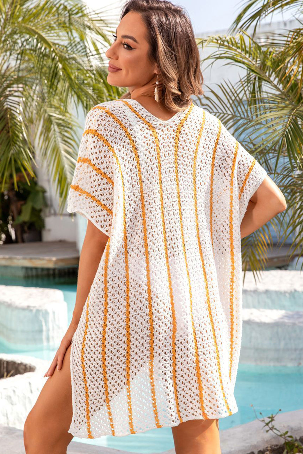 Black Striped Crochet Loose Fit V Neck Beach Cover Up