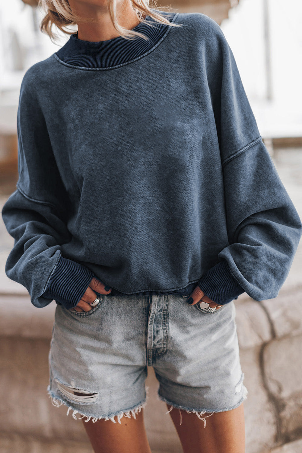 Sky Blue Plain Drop Shoulder Crew Neck Pullover Sweatshirt