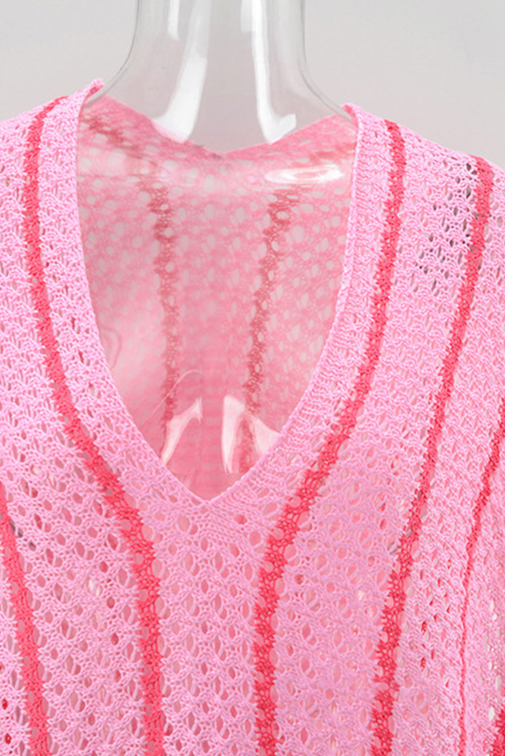 Black Striped Crochet Loose Fit V Neck Beach Cover Up