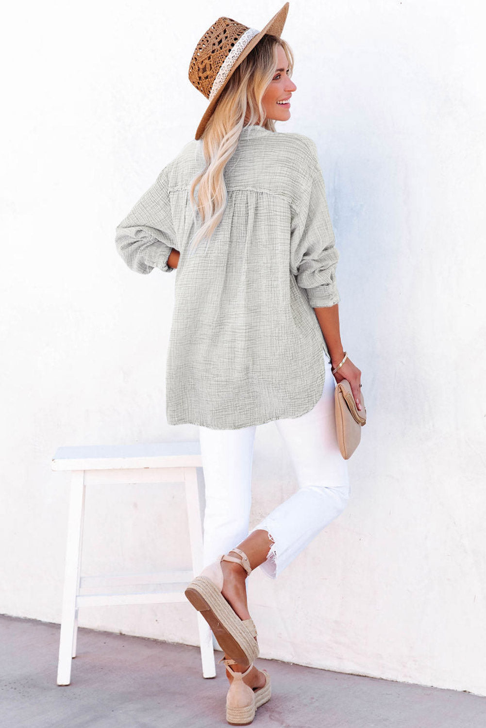Pink Loose Crinkle Button V Neck Henley Top