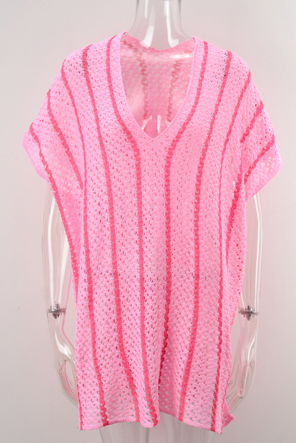 Black Striped Crochet Loose Fit V Neck Beach Cover Up