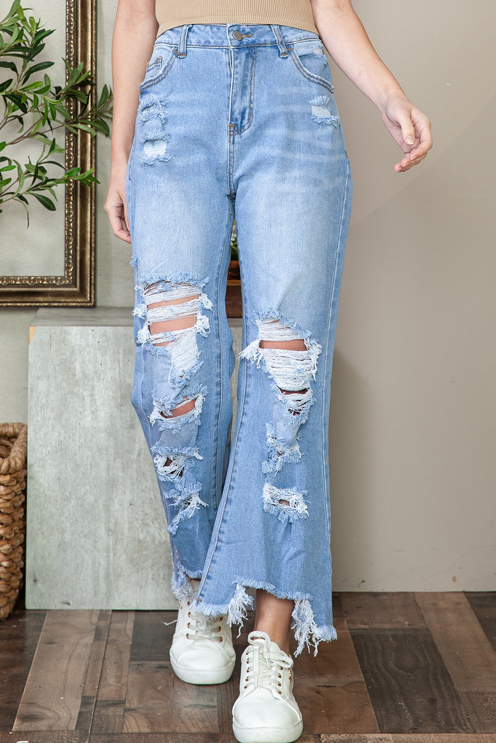 Blue Heavy Destroyed Raw Hem Wide Leg Jeans