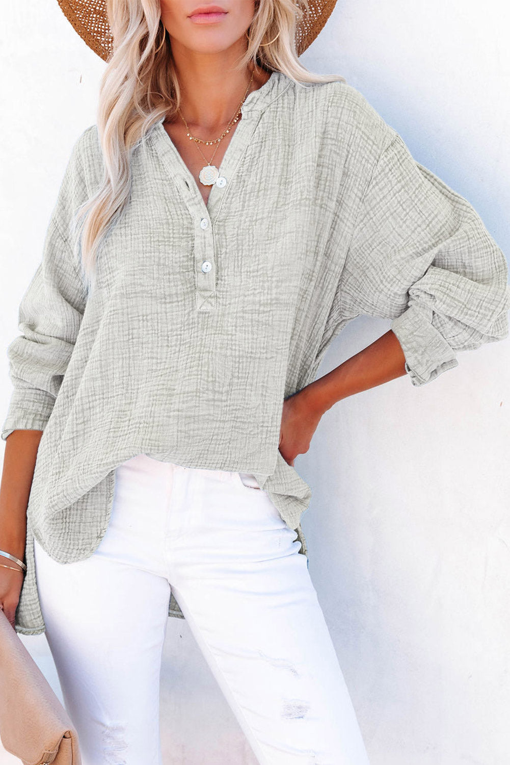Pink Loose Crinkle Button V Neck Henley Top