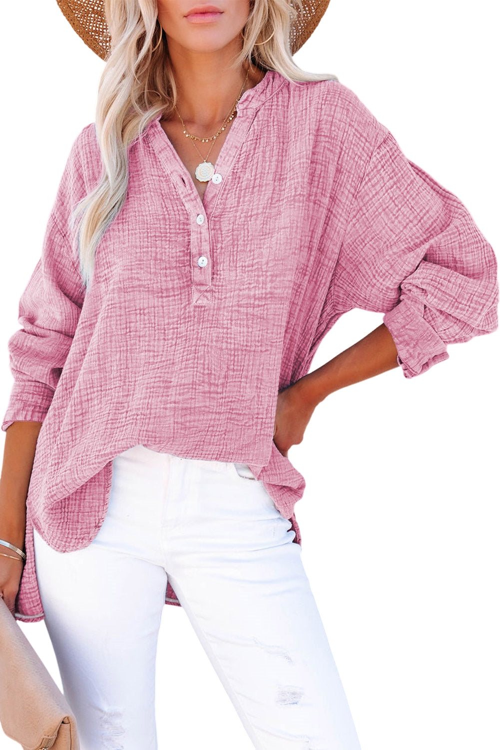 Pink Loose Crinkle Button V Neck Henley Top
