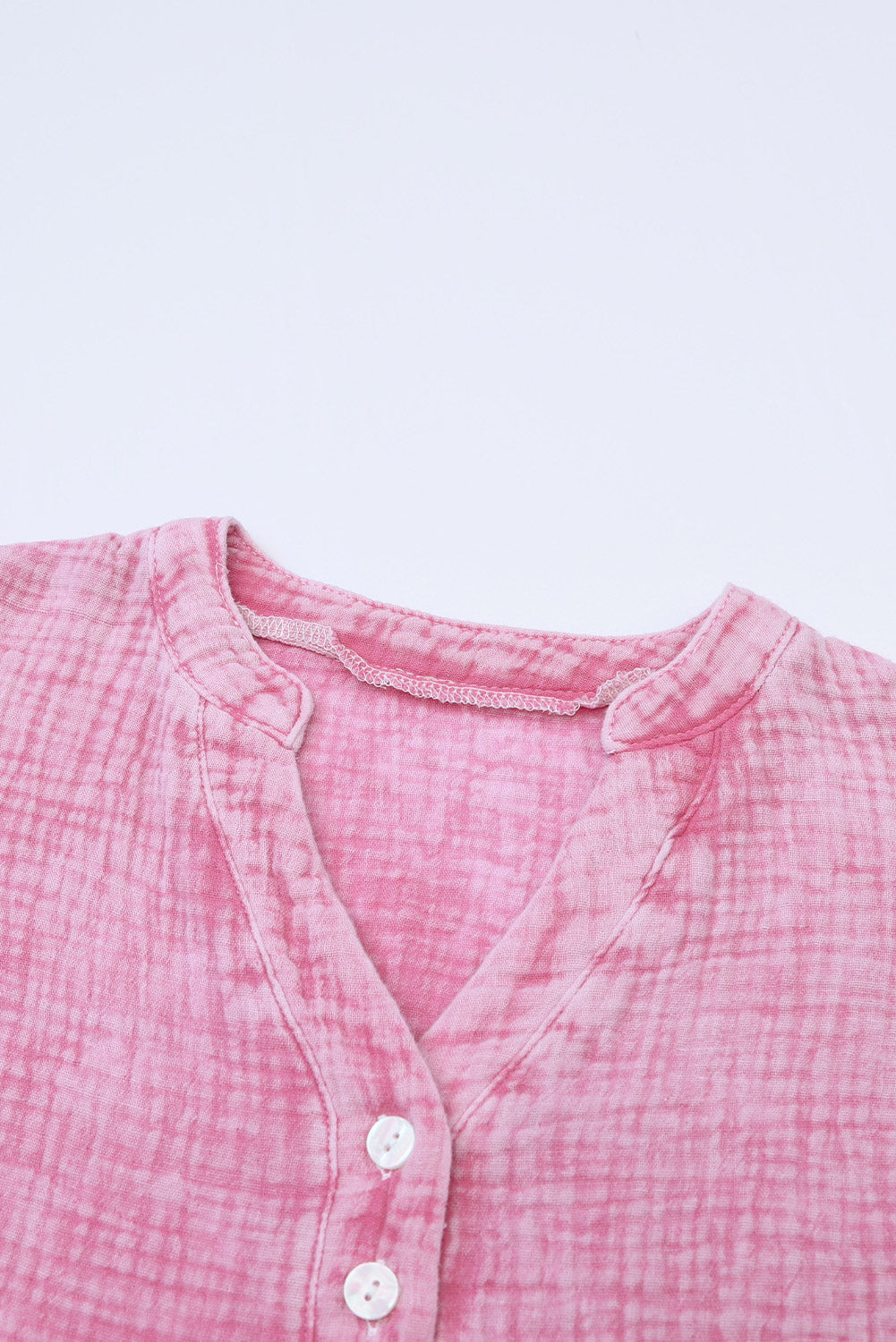 Pink Loose Crinkle Button V Neck Henley Top